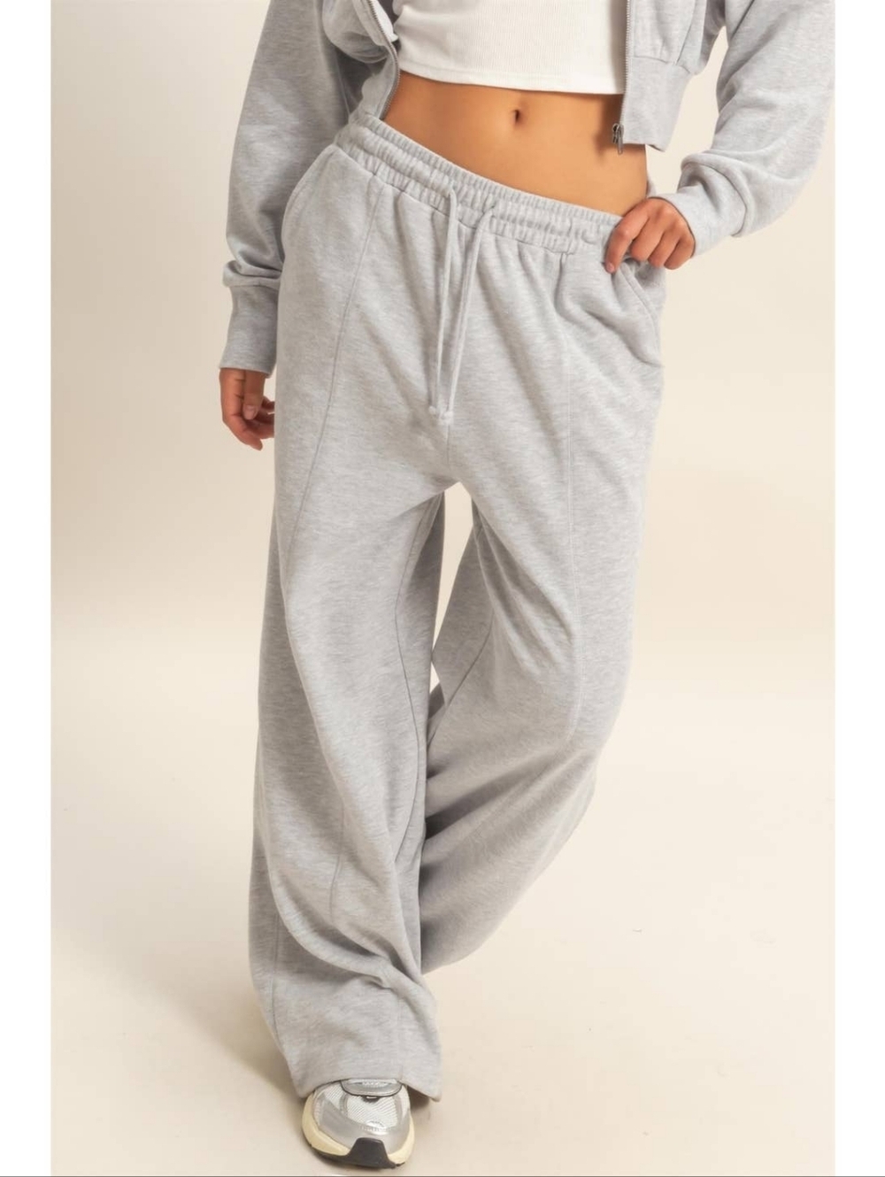Double Zero Heather Grey Cotton Blend French Terry Wide Leg Acid Wash Joggers